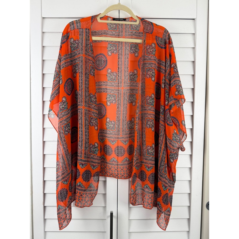 Papermoon Kimono Women OS Orange Boho Medallion Print Sheer Open Front Wrap